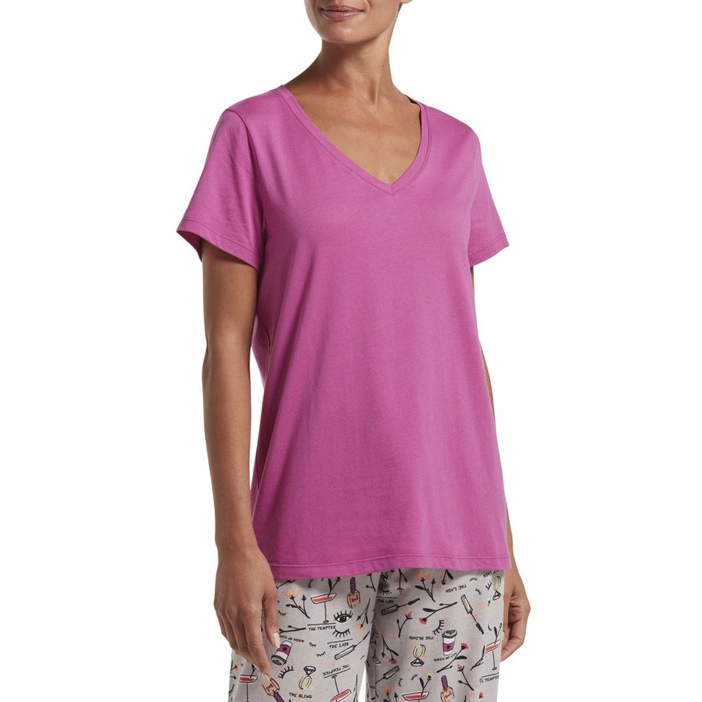 Hue Women's Solid Short Sleeve V-Neck Tee Passion Pink